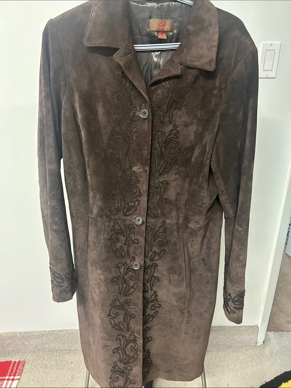 111. Vintage Danier Women's Brown Suede leather Embroidered Long Coat